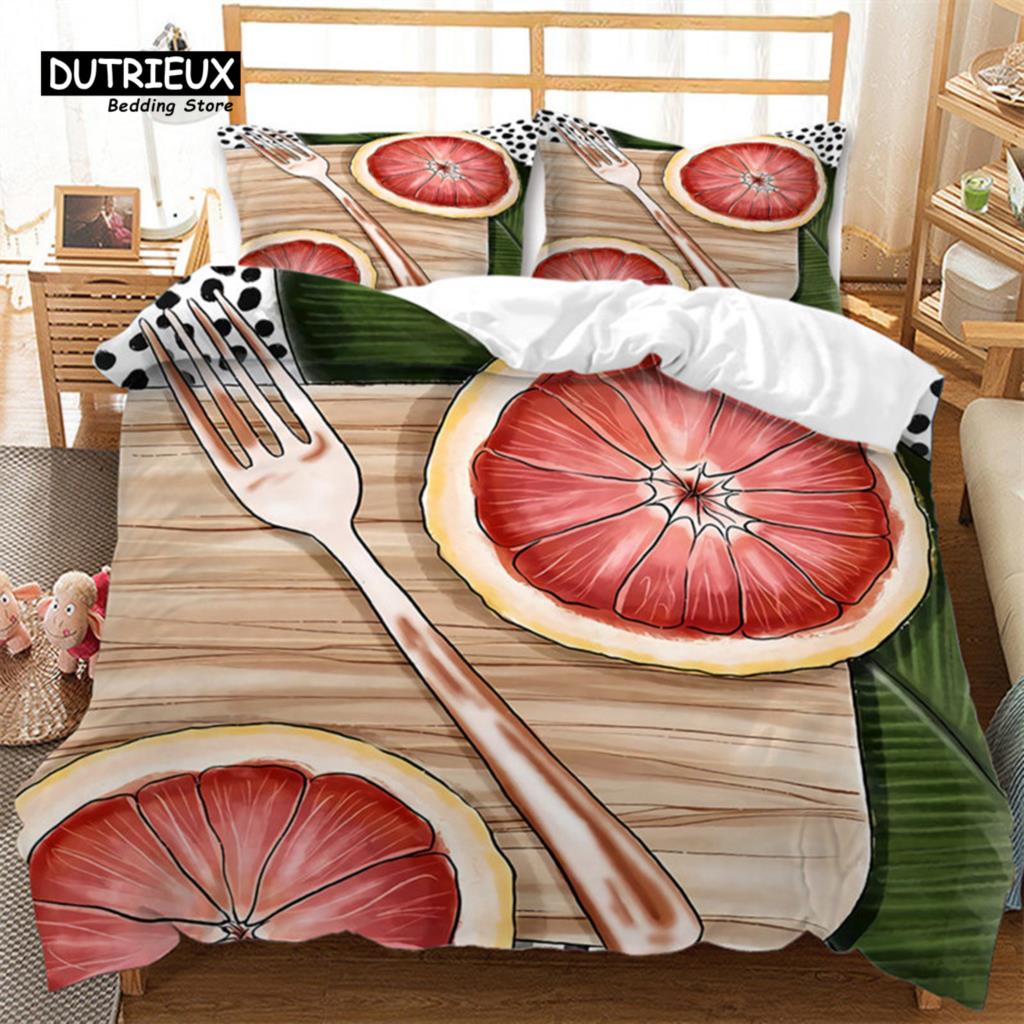 Summer Tropical Fruit Bedding Set Cartoon Fruits Orange Lemon Print Duvet Cover Microfiber Double Comforter Cover Bedroom Decor
