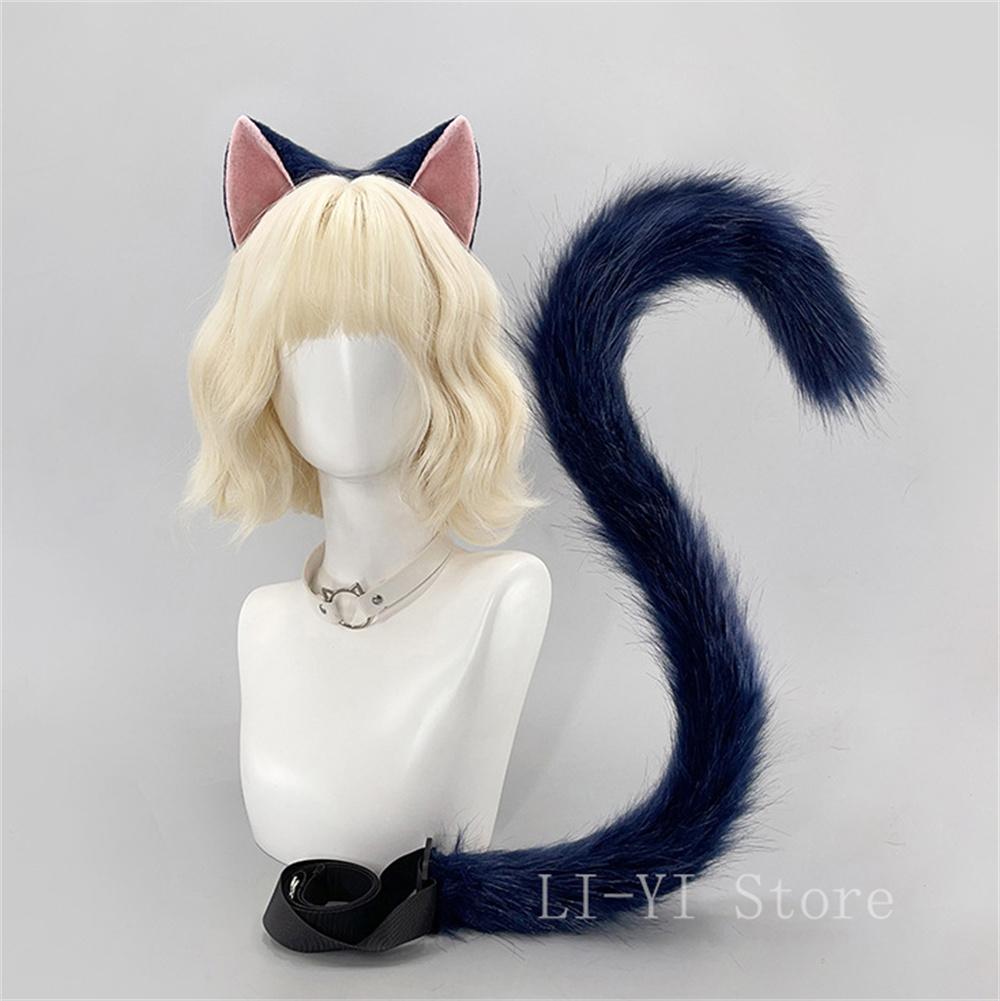 Yiran Sexy Lingerie Women's Blue 2Pcs/Set Furry Cosplay Cat Ear Plush Tail For Girl Navy Fluffy Anime Animal Ears Tail Cat Boy Cos Costume Accessories Cm