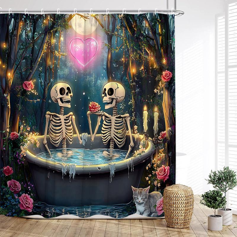 Rolig Badande Älskare Skelett Duschdraperier Skog Rosor Blommor Träd Hjärta Alla Hjärtans Dag Badrumsgardin Tyg Heminredning