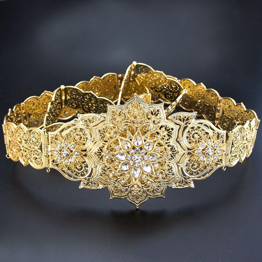 Sunspicems Eleganter Kristall-Damengürtel, Metall-Taillenkette, goldfarben, verstellbare Länge, arabischer marokkanischer Brautschmuck