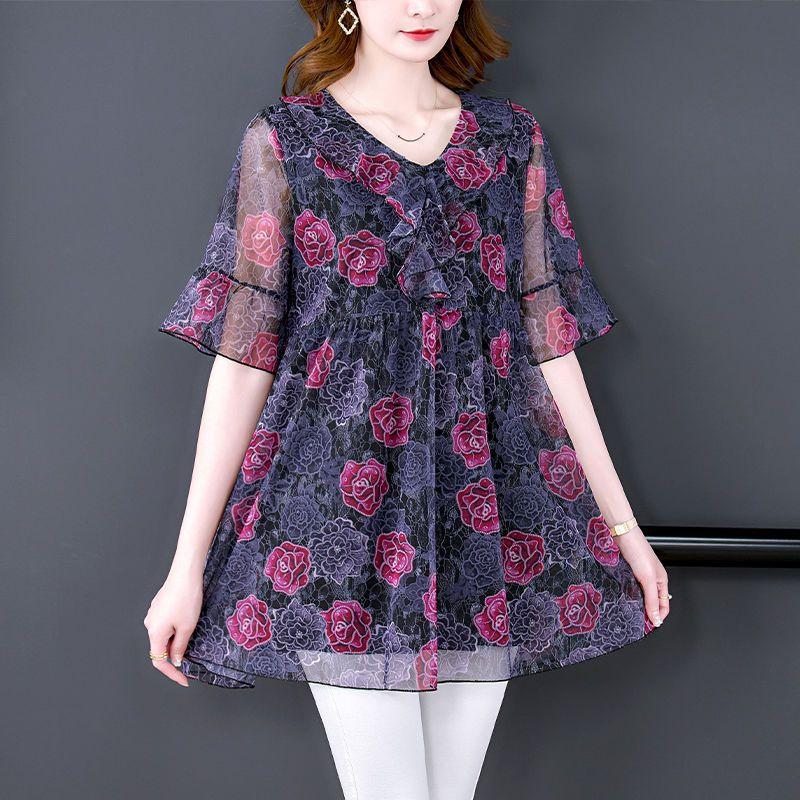 

Женская блузка большого размера летняя стрейчевая с принтом сетчатая блузка рубашка оверсайз с короткими рукавами свободный топ XXXXXXXL