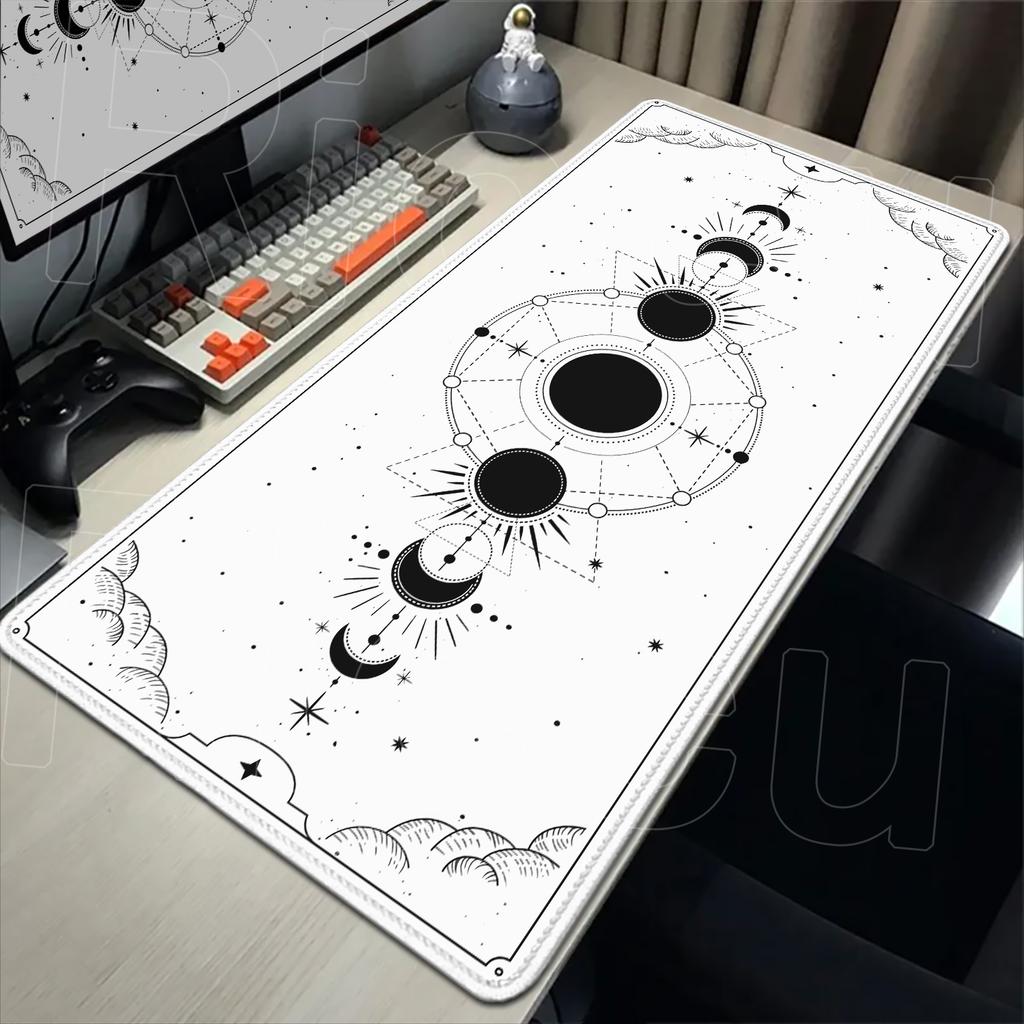 Weiß & Schwarz Schreibtischunterlage Gaming Tarot Astrologie Ästhetik Gummi-Mauspad 120x60cm Cartoon Himmlische Mondphasen Rutschfestes Mauspads