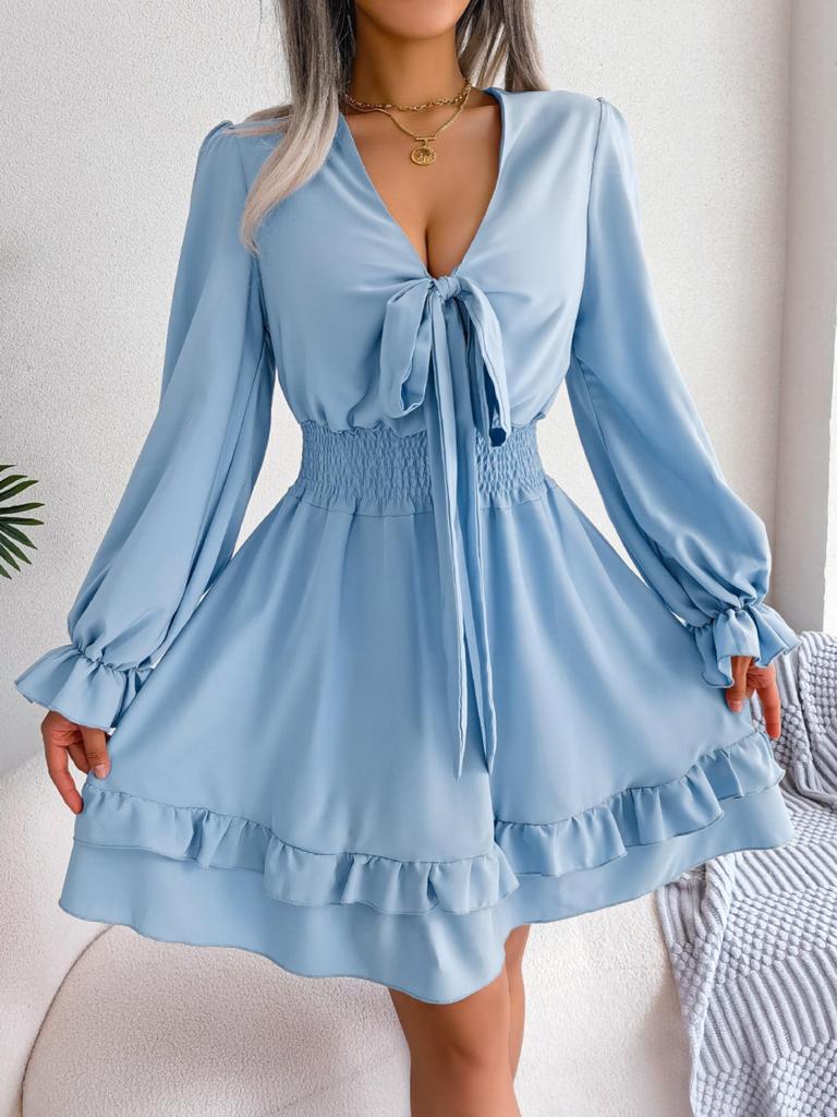 V Neck Solid Color Dress Waist Hugging  Elegant Fungus Dress for Women Long Sleeve Loose Dresses Causal Dress