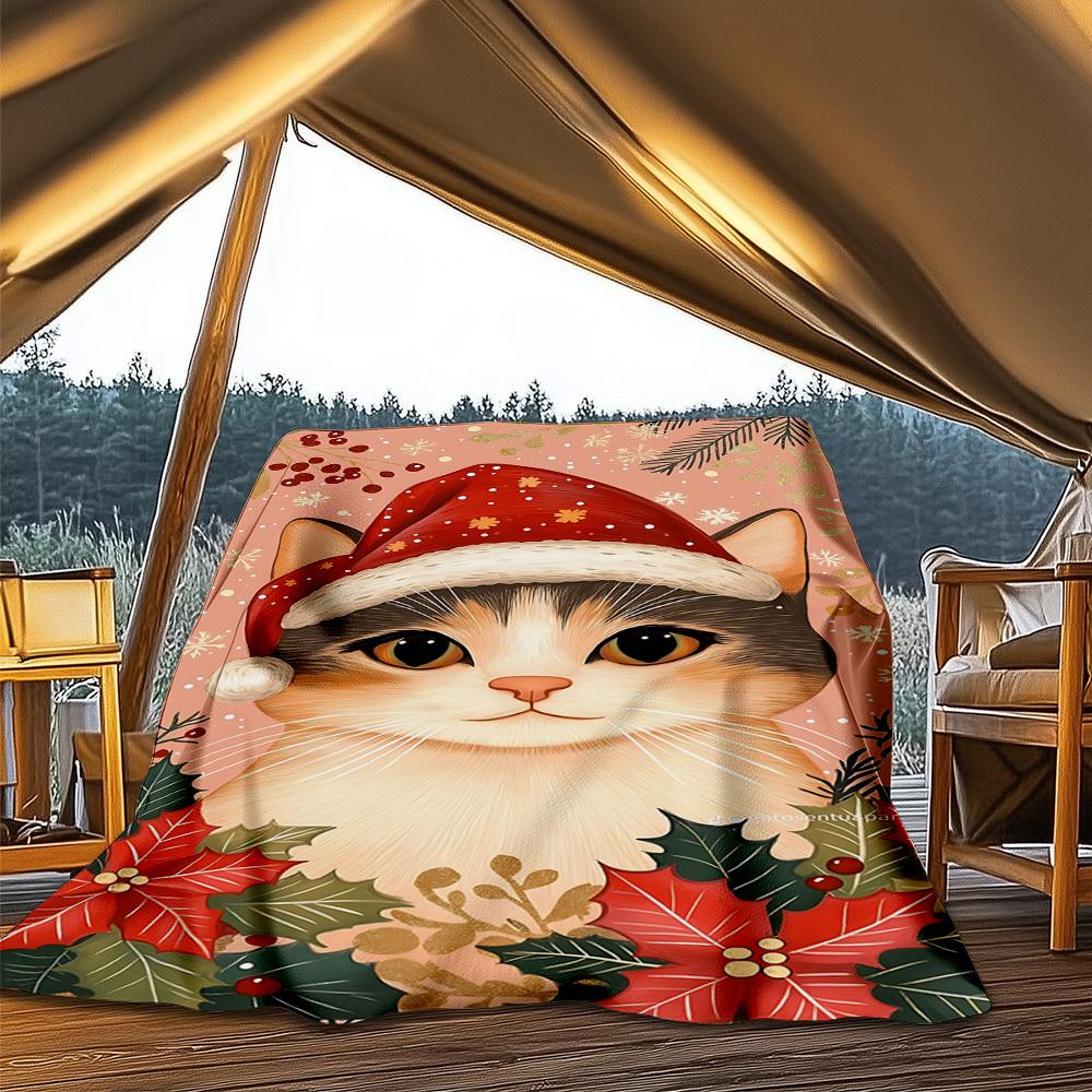 1pc Christmas Cat Decorations Outdoor Flannel Blanket , Machine Washable Perfect Gift for Birthday , Holiday Travel Accessory , Durable Material