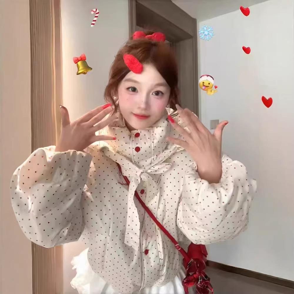 Sweet polka dot small down cotton clothes women's winter new bow padded cotton thickened short bread clothes