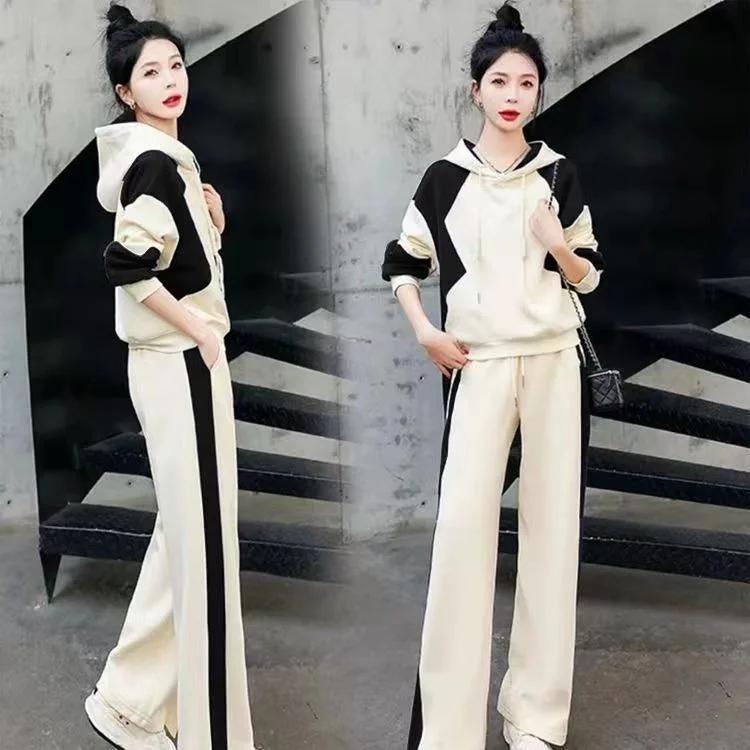 Early Autumn Casual Fashion Short Sleeve Patchwork Set Women's Wide Leg Pants Suit Korean Style Ladies' Ensemble