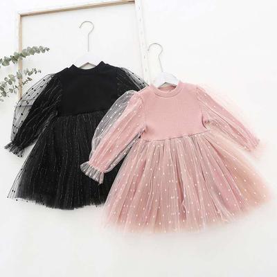 2025 Spring/Autumn Girls' Puff Sleeve Knit Mesh Dresses