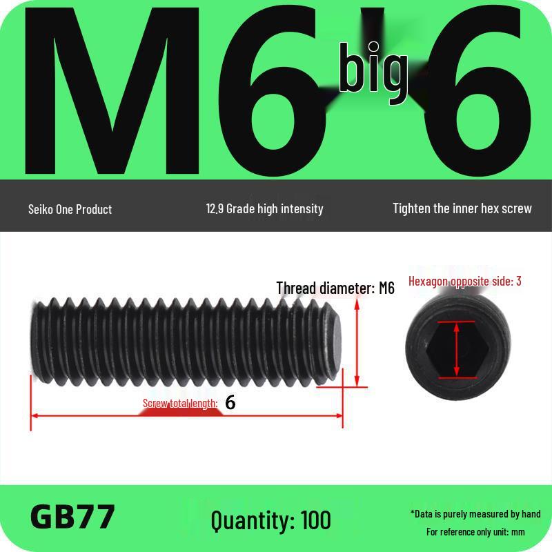 Class 12.9 Inner Hex Flat Head Headless Grub Screw M3-M12
