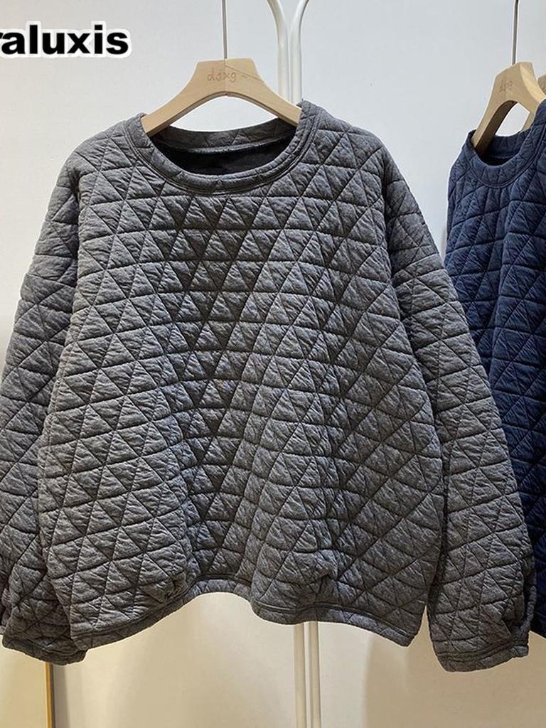 Thick Pinstripe Hoodie for Women, Autumn Winter Korean Style Loose Casual Solid Bubble Air Cotton Top Outerwear