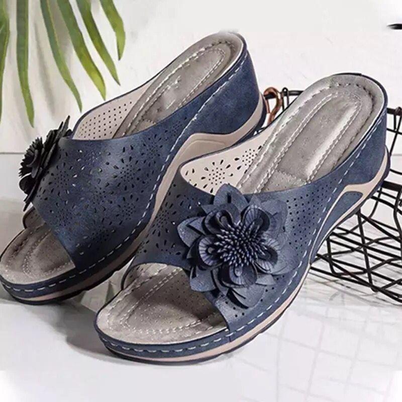 Large size slope heel slippers women's summer wish hollow flower flat bottom one word cool slippers beach women's shoes