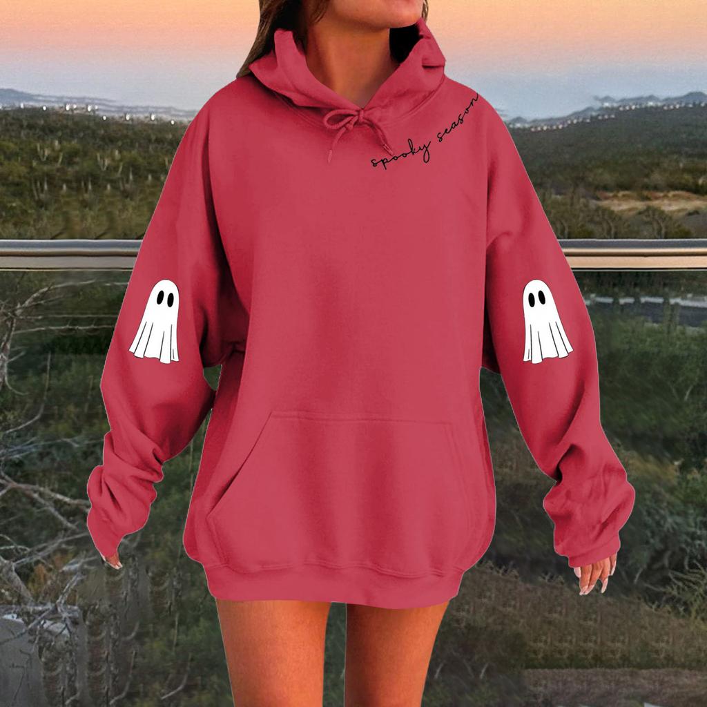 Women's Solid Color Long Sleeve Casual Halloween Print Pullover Hooded Sweatshirt