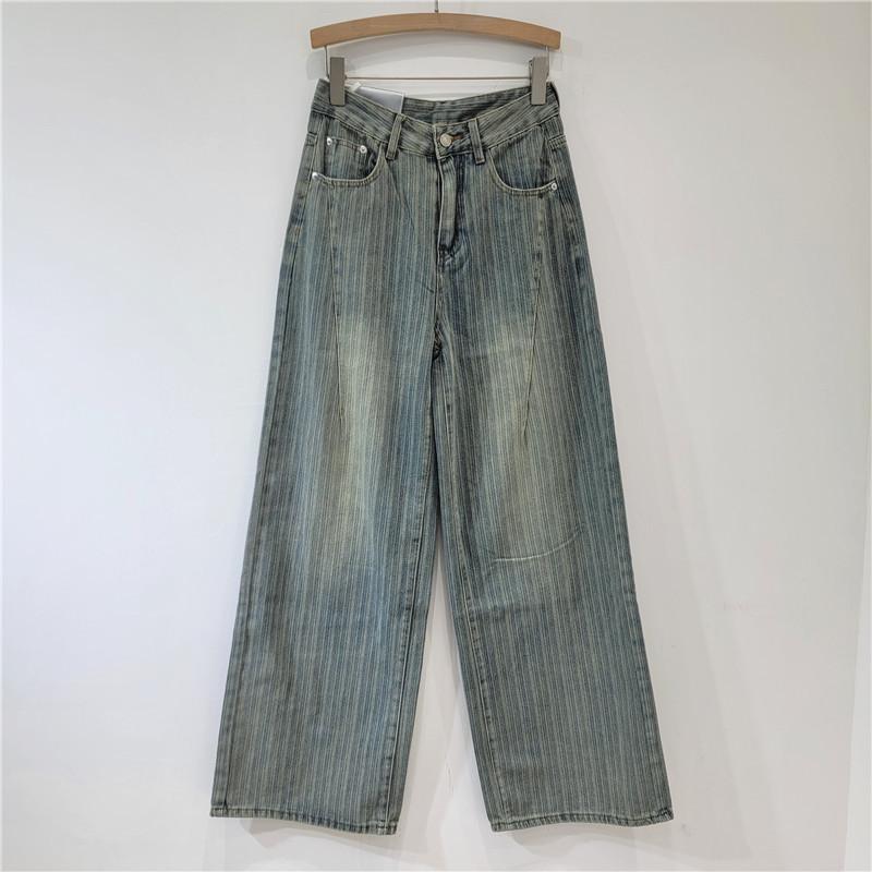 Women's High Waist Washed Striped Loose Straight Wide Leg Vintage Casual Denim Pants Summer Fashion