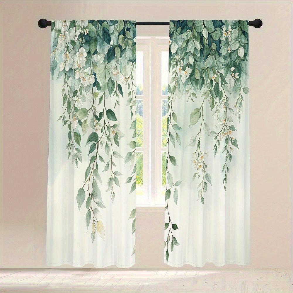 

Set Of 2 Botanical Green Leaves Floral Curtains Watercolor Style White Flowers Pattern Hd Digital Printed Semi Li Curtain With Light Filtering W100*H70(CM)-Grommet top&2PCS