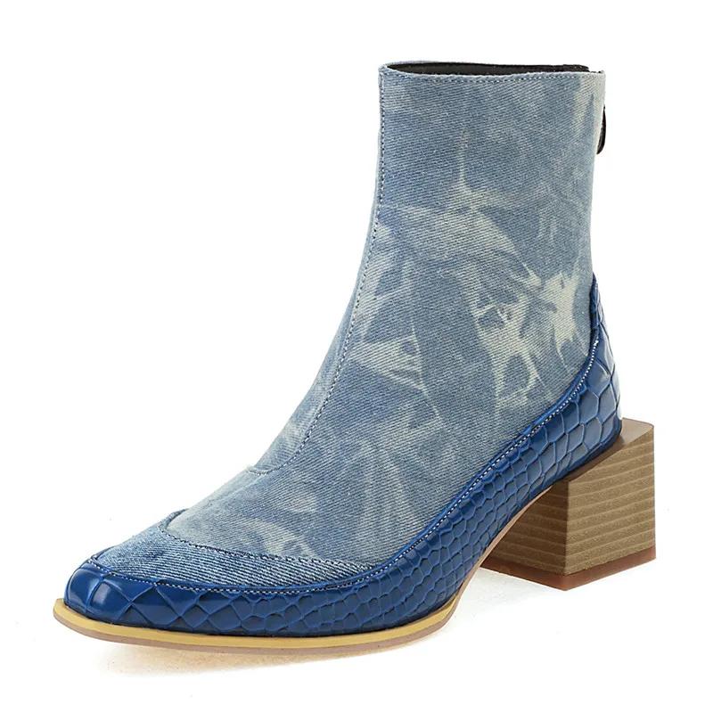 Stylish Women's Square Toe Denim Ankle Boots High Block Wooden Heels Winter Autumn Big Size Ladies Blue Jeans Zipper Short Boots