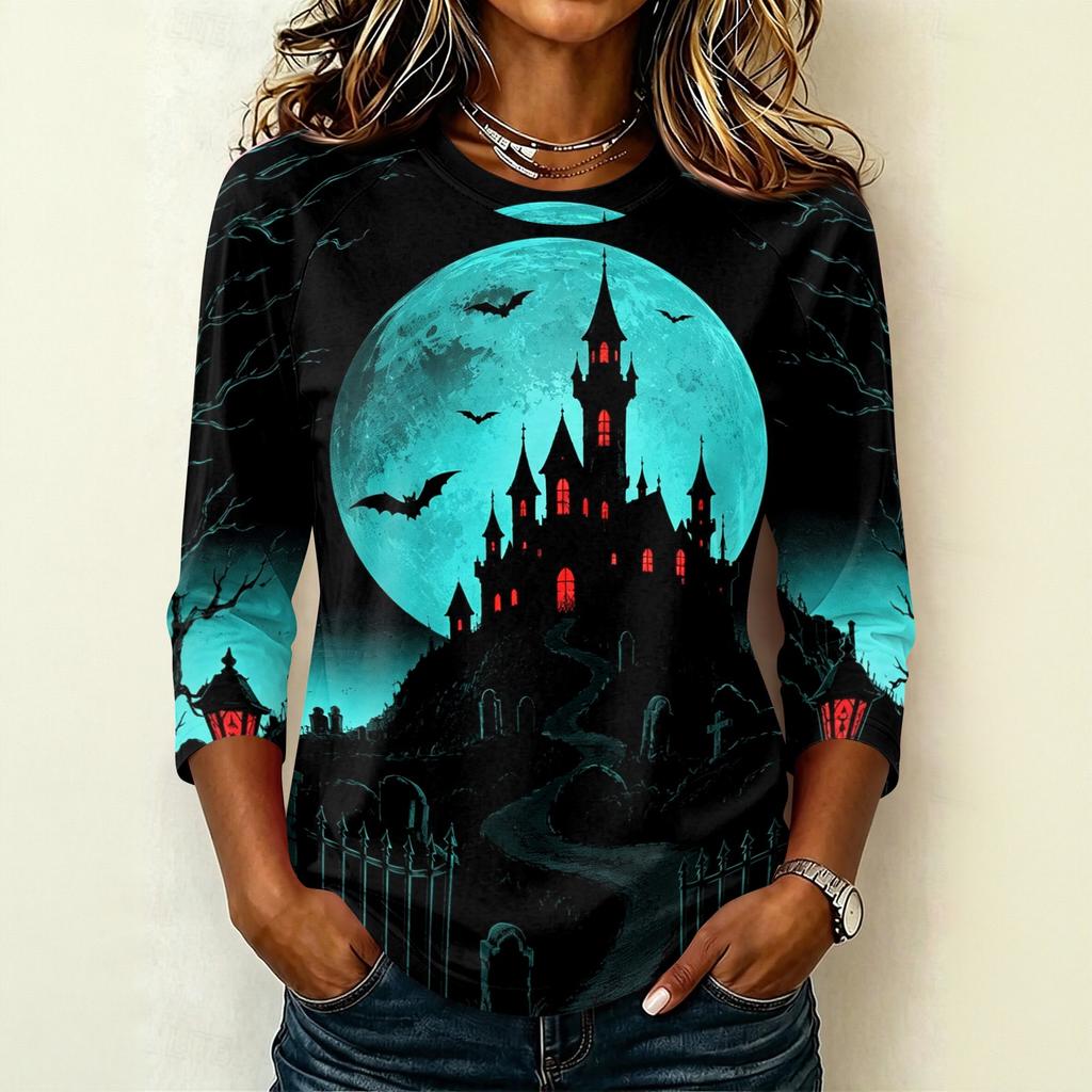 Women's Casual Raglan Sleeve Crew Neck Three Quarter Sleeve Halloween Graphic T Shirt Top for Everyday Wear