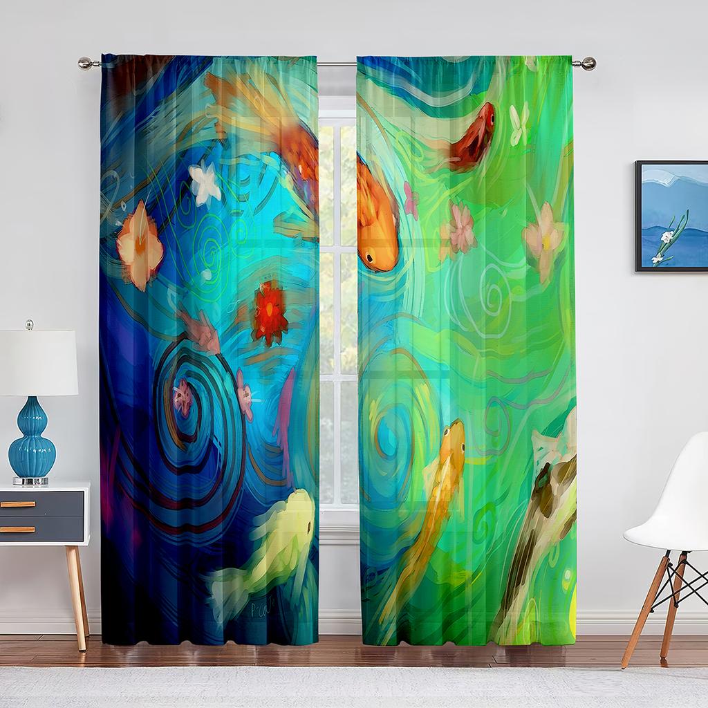 Koi Fish Ink Painting Goldfish Sheer Voile Curtains Window Treatment Chiffon Tulle Curtain for Kitchen Living Room Bedroom Drape