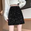 European & American Style High-Waisted A-line Sequin Beaded Mini Skirt