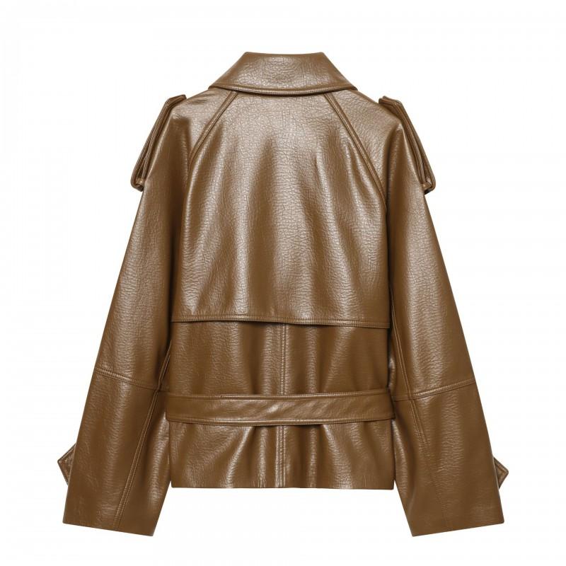 Womens Faux Leather Short Trench Coat Square Neck Loose Fit Casual Urban Style