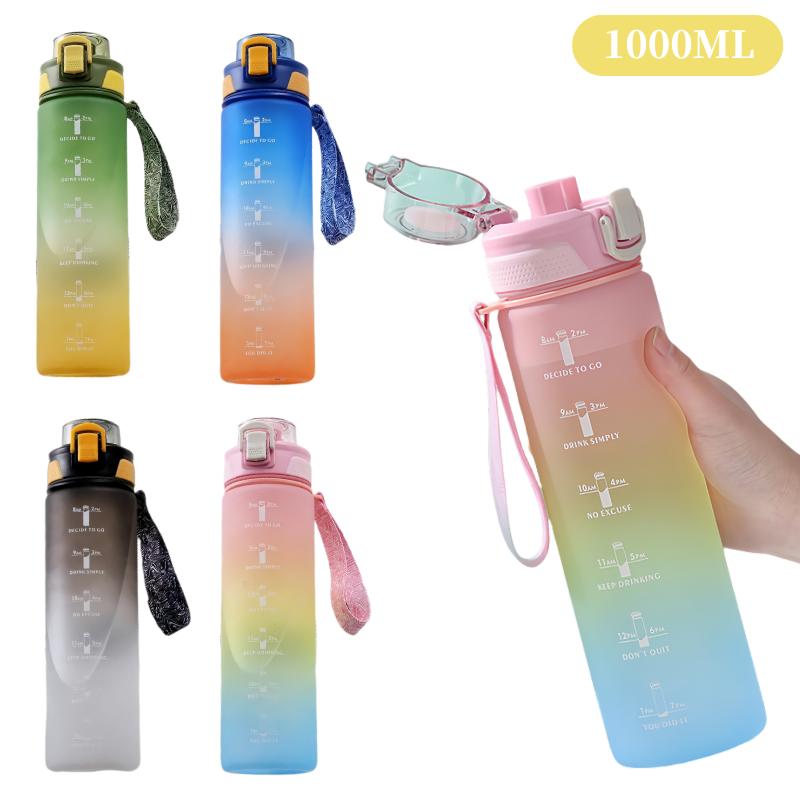 1000ML Gradient Color Sports Water Bottle with Time Marker and Hand Strap Leak-proof Cup Portable Water bottle for Gym, Outdoor
