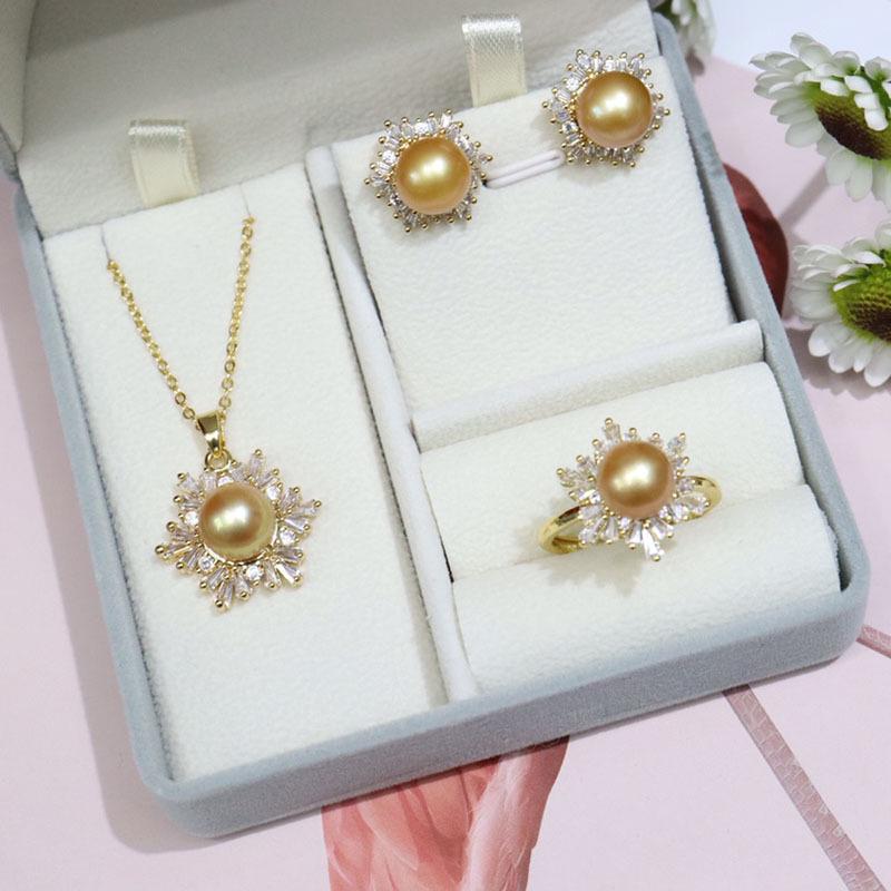 18K Gold-Plated Freshwater Pearl Jewelry Set: Necklace, Earrings & Ring with Micro-Pave Diamonds (9-10mm Pearls).