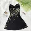Sommer Frauen Nachthemd V Hals Seidige Satin Ärmelloses Drucken Spaghetti Strap