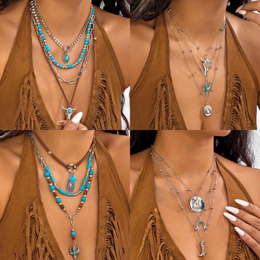 Retro Western Cow Hat Necklace Chain Pack With Turquoise And Alloy Accents For Women