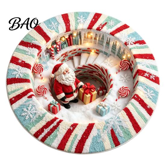 Living Room Xmas Rug 3D Optical Illusion Round Christmas Rug, Cute Santa Claus Crystal Velvet Floor Mat, Non Slip Decor Vivid Printed Circular Carpet