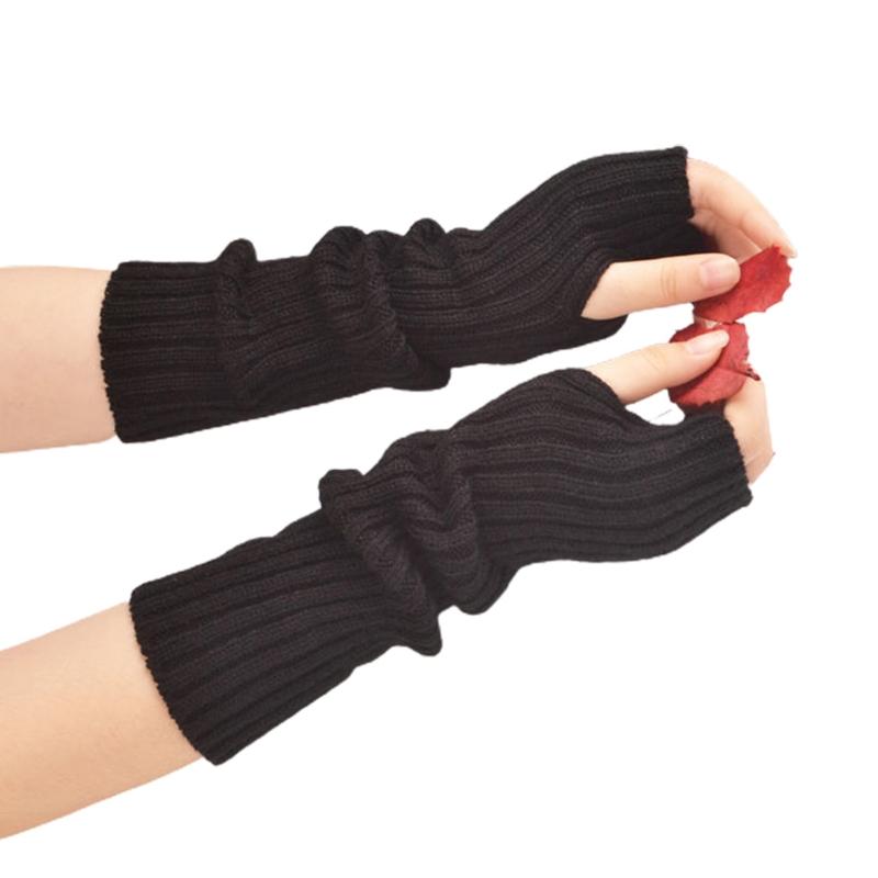 Long Fingerless Gloves Knitted Arm Sleeves Stretchy Arm Cover Thumb Hole Mittens