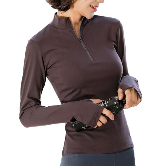Buy Women Sports Top Zipper Stand Collar Stretchy Solid