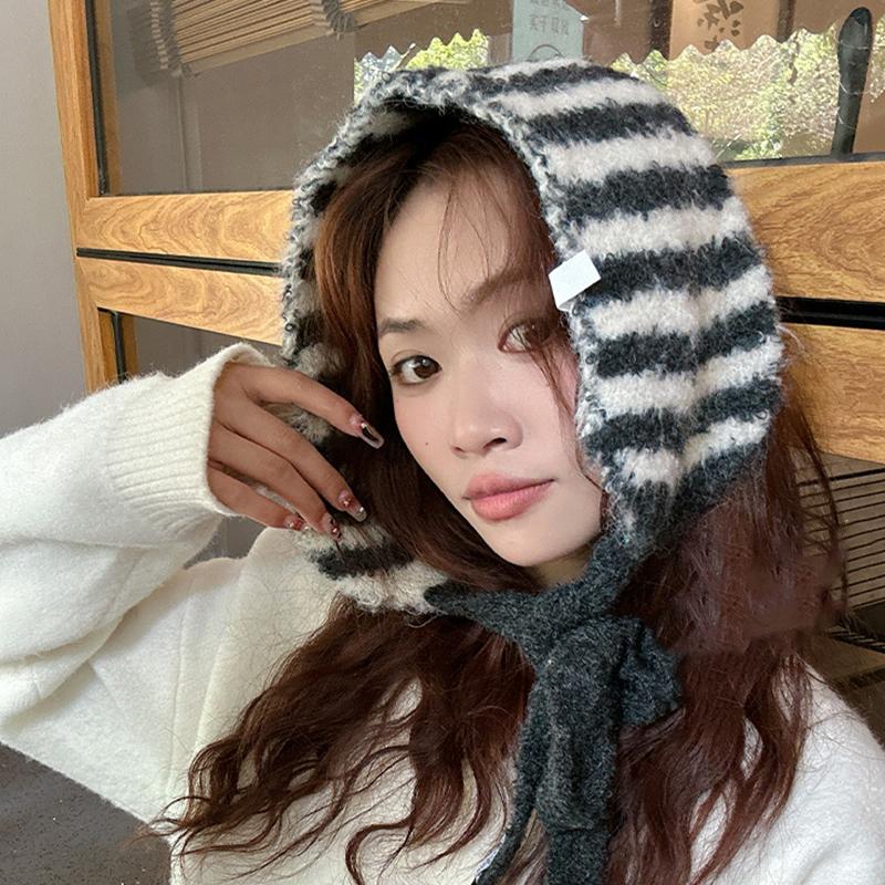 Small Scarf Women Korean Style Neckband Ear Warmer Dual-Purpose Hat Striped Knitted Wool Versatile Cute Neckband