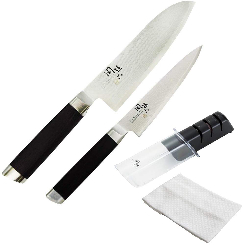 Kai Seki Magoroku Damascus Santoku Knife Petty Knife Sharpener Dishcloth Set + + + [AE-5200, AE-5202, AP-0308]