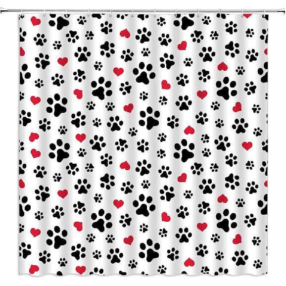 Dog Paw Print Shower Curtain Pet Lovers Cute Kitten Cat Footprint Red Love Heart Abstract Geometric Drawing Style Animal Decor Boys Girls Polyester