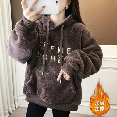 Autumn and Winter Korean Version of Letter Embroidery New Lamb Fleece Thickened Hooded Sweater Loose Coat Top Women #2219