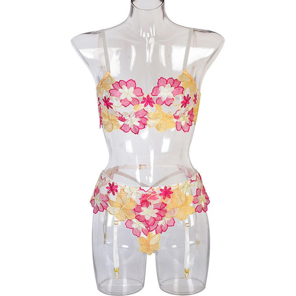 Women's Sexy  Lace Flower Embroidery Underwear Sexy Three-piece Suit With Steel Ring