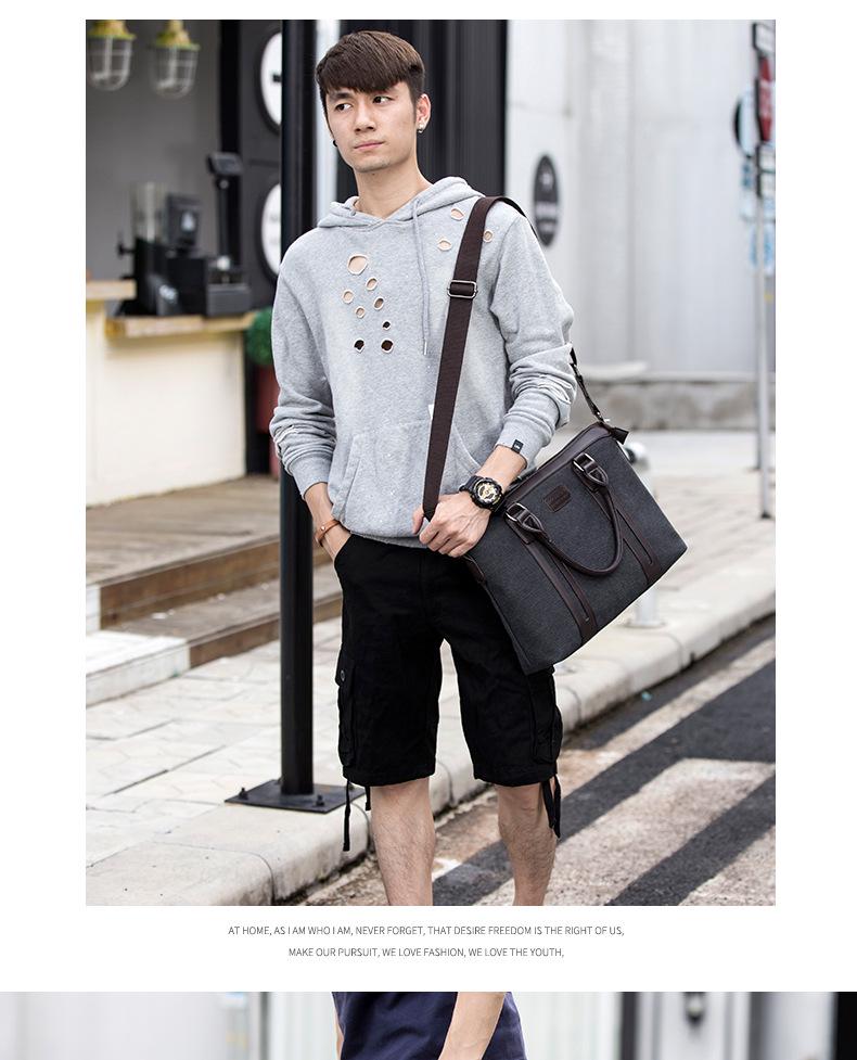 Men's Classic Canvas Business Briefcase: Horizontal Shoulder Bag with Cowhide Accents for Laptop and Daily Use