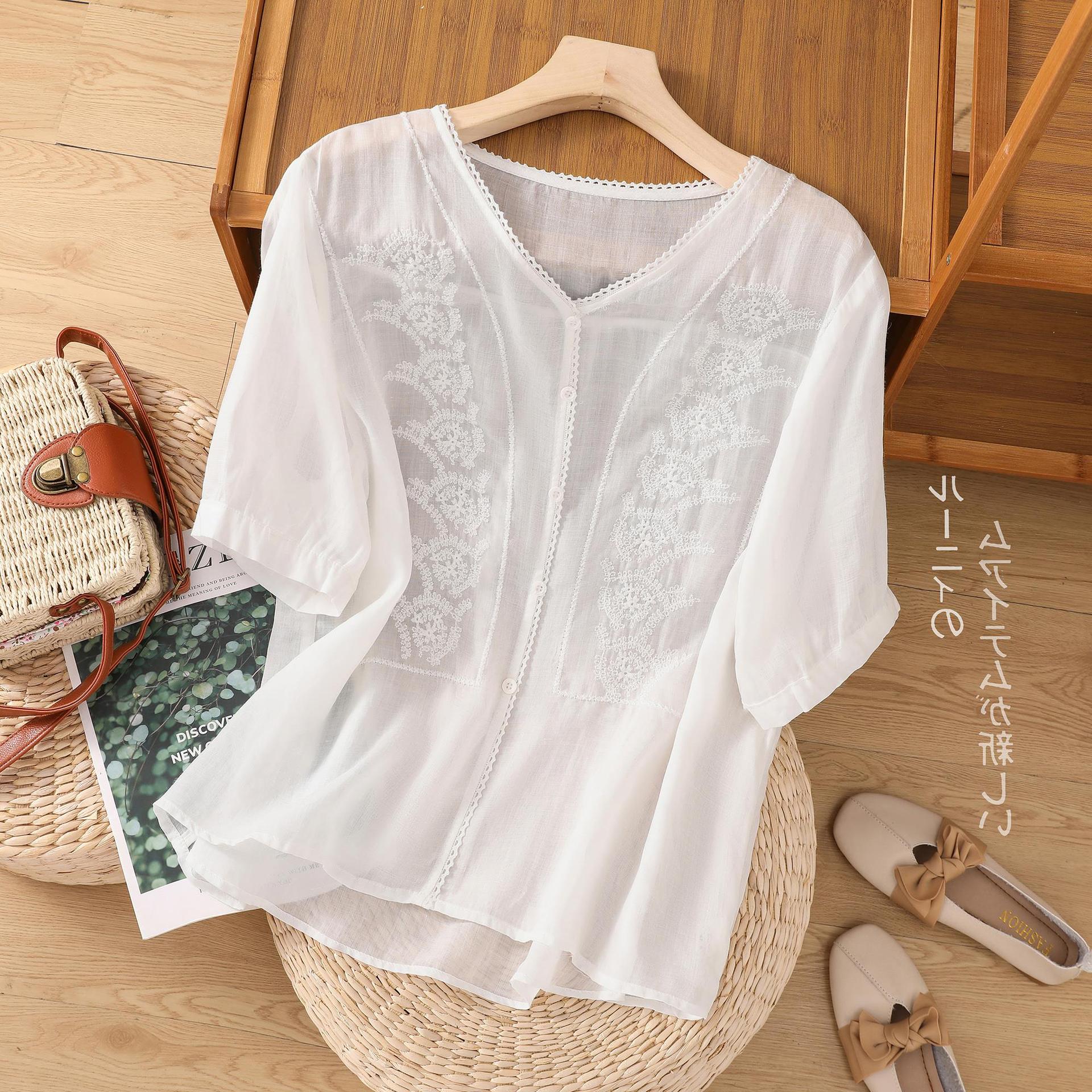 

Топ из хлопка и льна в стиле ретро для женщин среднего возраста, льняная вышитая летняя футболка большого размера с короткими рукавами, закрывающая живот 2XL