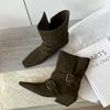 Wind Cow Anti-Velvet Fashion Boots Temperament Square Head Belt Buckle Sleeve Medium Heel Thick Heel Short Boots Large Size Boots