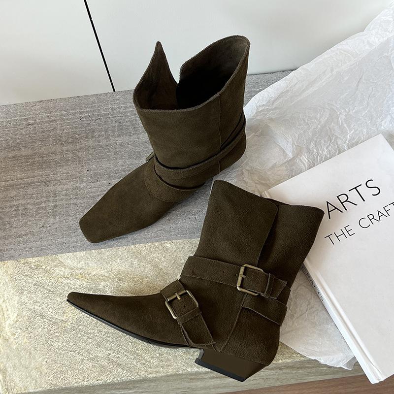 Wind Cow Anti-Velvet Fashion Boots Temperament Square Head Belt Buckle Sleeve Medium Heel Thick Heel Short Boots Large Size Boots