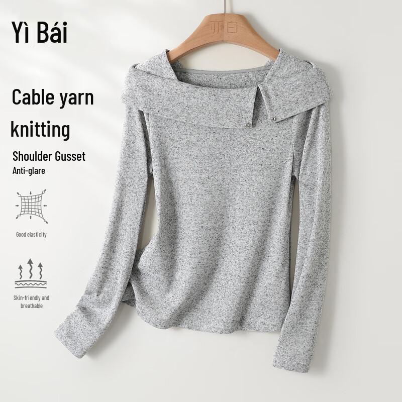 Women s Fall Fashion Off-Shoulder Lapel Knit Top S хизер серый