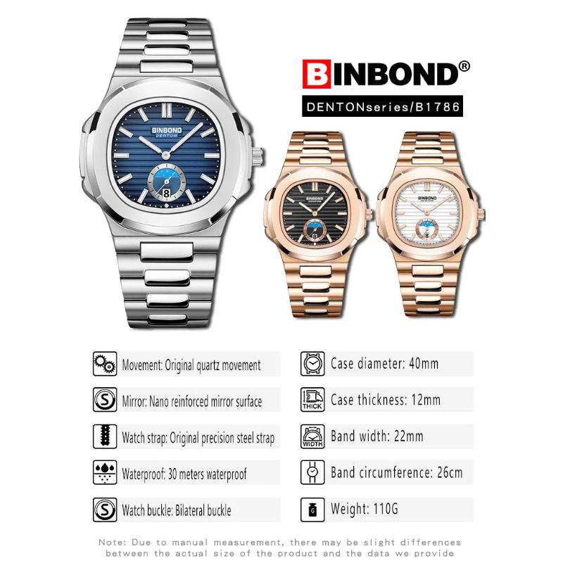 BINBOND Herrenuhren Quarz Mode Klassiker Vielseitig Edelstahl 30M Wasserdicht Leuchtend Luxus Herrenuhren