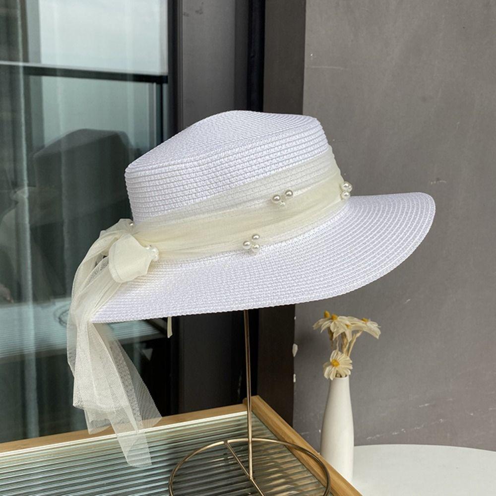Pearl Summer Straw Hat Pastoral Style UV Protection Cap Ins Wide Brim Sun Hat  Female