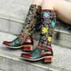Johnature Handmade Color Printing Splice Flower Belt Buckle Comfortable Thick Heel Women Mid-calf Boots