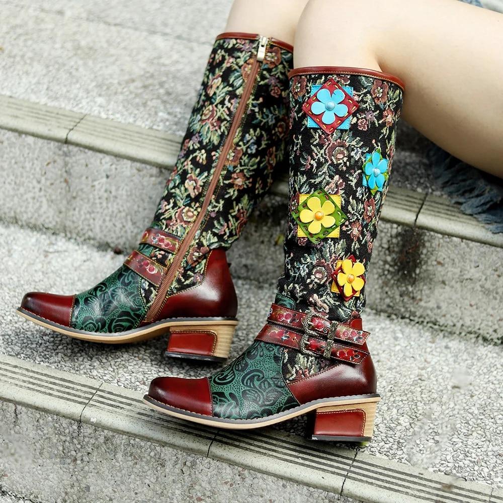 Johnature Handmade Color Printing Splice Flower Belt Buckle Comfortable Thick Heel Women Mid-calf Boots