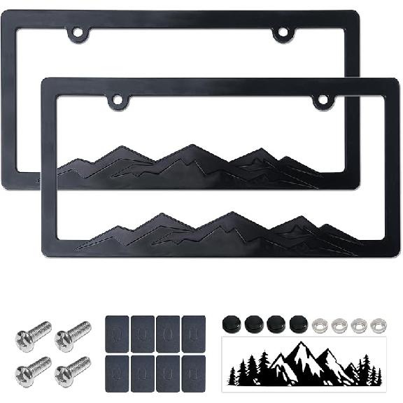 Mountain License Plate Frames- White On Black 3D Mountain Raised, ABS Plastic Car Tag Holder | Includes Rust-Proof Screws, Caps & Free Vinyl Decal