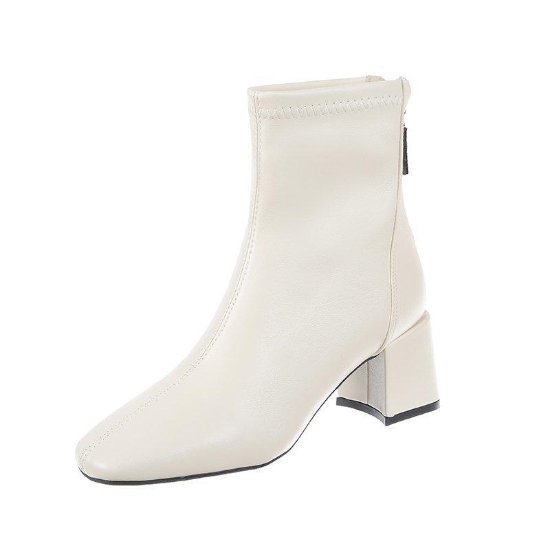 Dames Ensfarget Mote Høye Hæler med Glidelås bak Mote Støvletter Høye Støvletter Lærsko Midhøye Støvletter Damesko