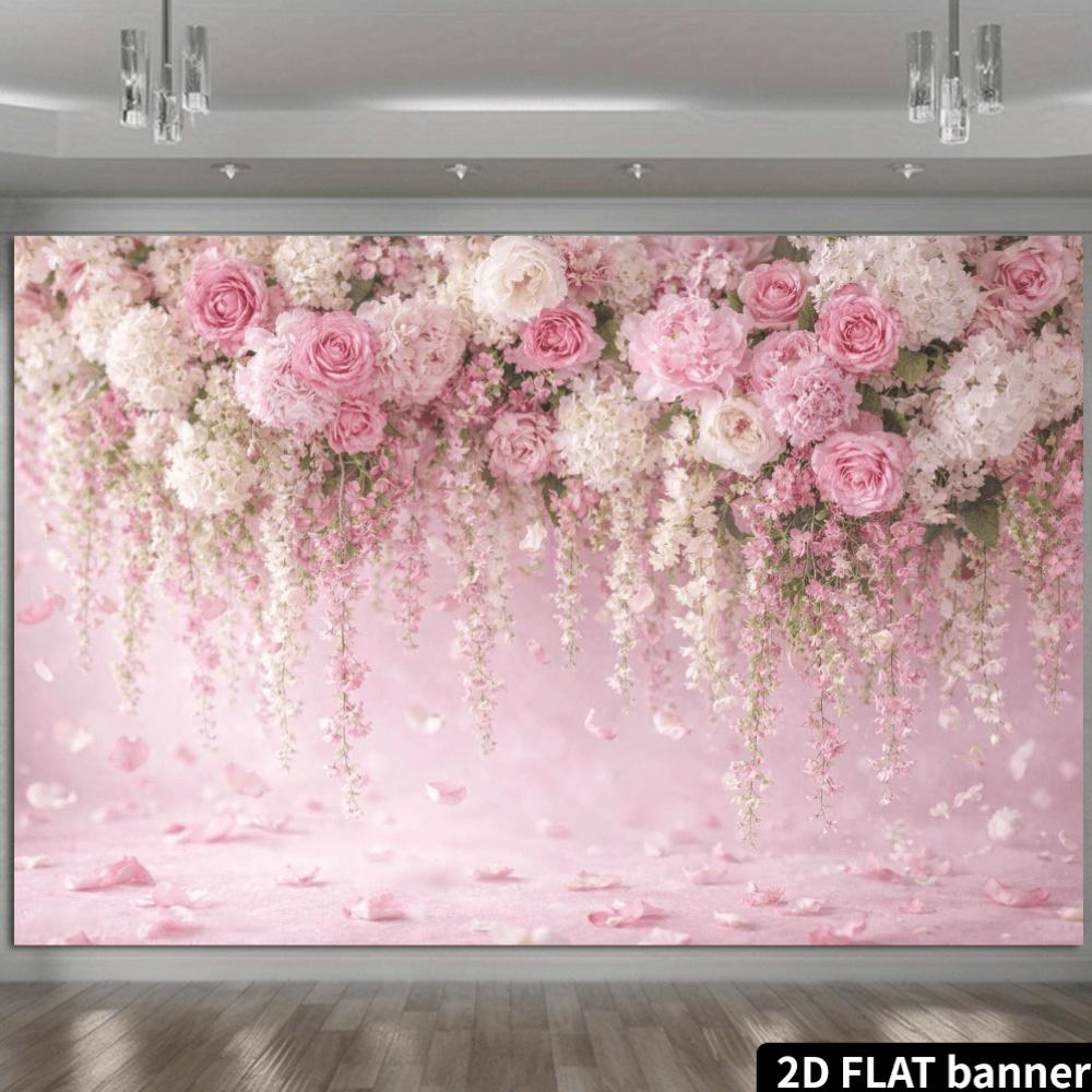 2D planar banner with pink hanging flowers as the background for the wall photography