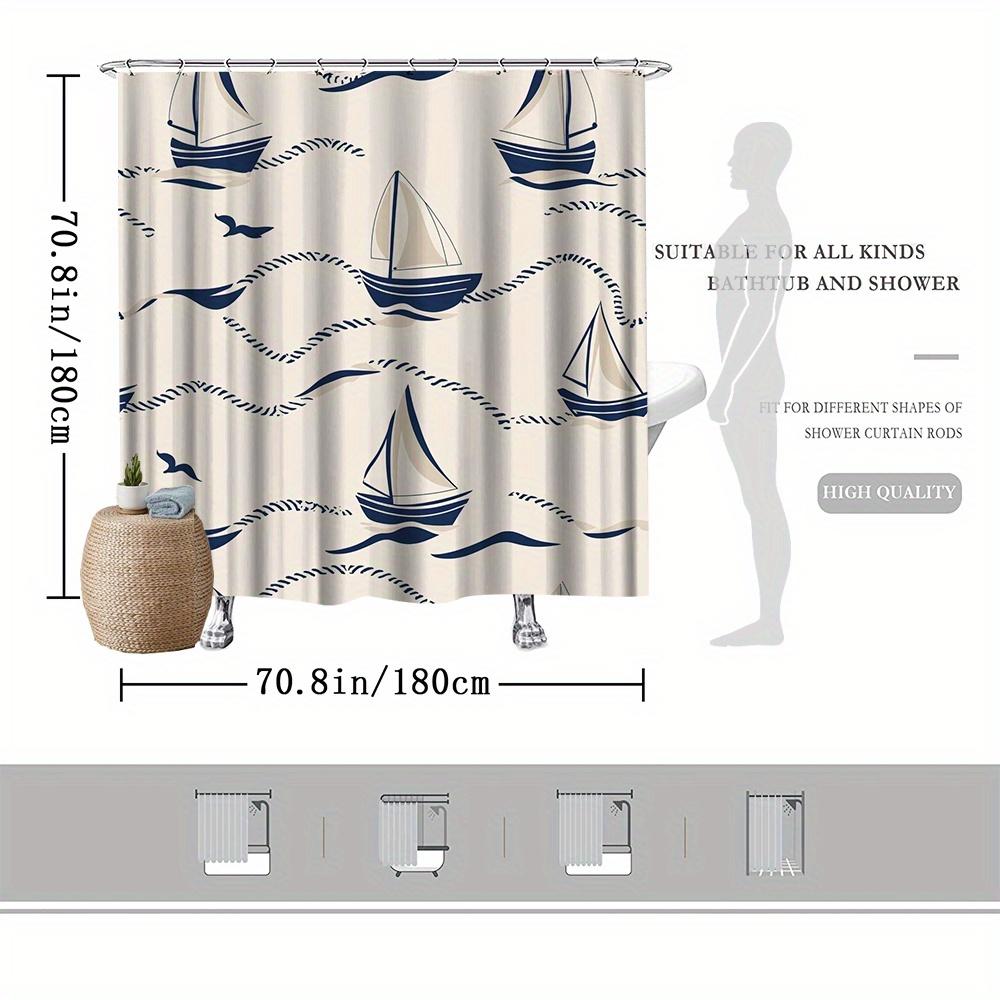 Nautical Sailboat Shower Curtain, Fade-Resistant Polyester, Sailboat & Seagull Design, Easy Installation, Beach Bath Decor