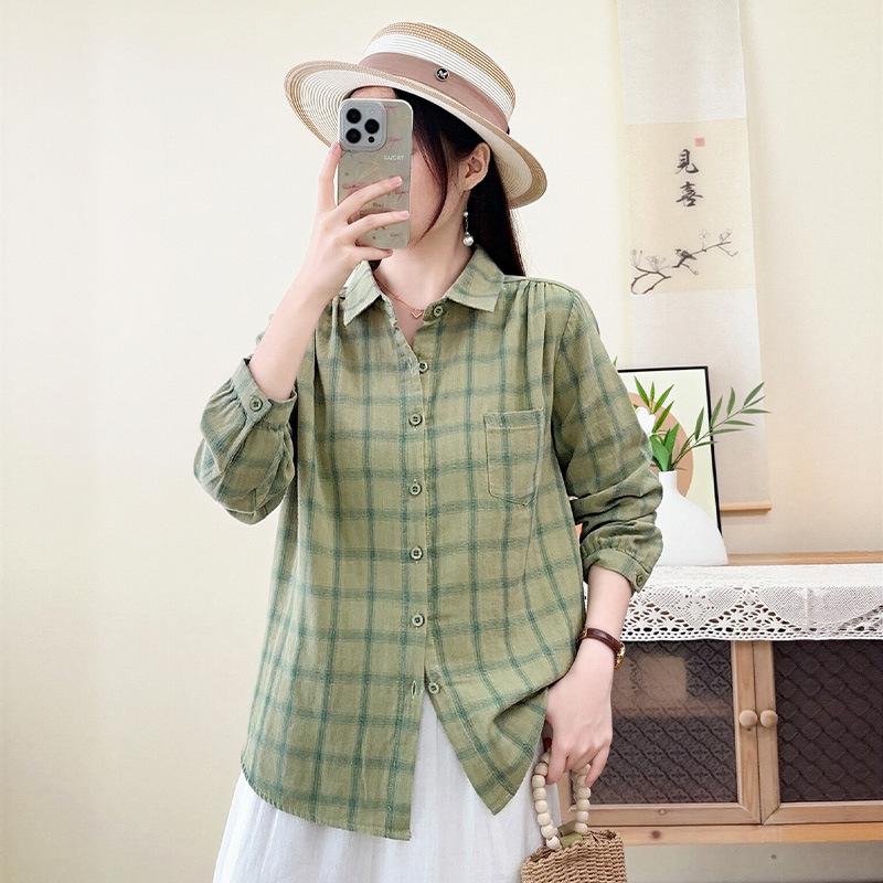 New Retro Literary Double-layer Cotton Yarn Plaid Shirt Japanese Casual Style Loose and Thin Pure Cotton Long-sleeved Shirt Women