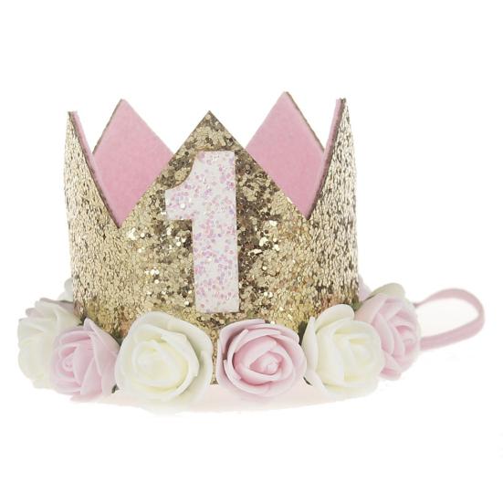 Baby Girl Crown Letter Shiny Sequins Flower Headwear Birthday Festival Headband