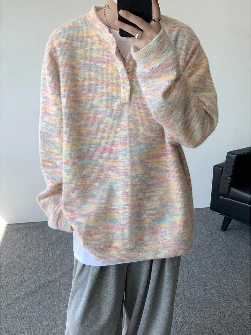 

Color Henry Neck Knitted Sweater Men s Autumn American Retro Lazy Wind Sweater Vintage Couple Coat M